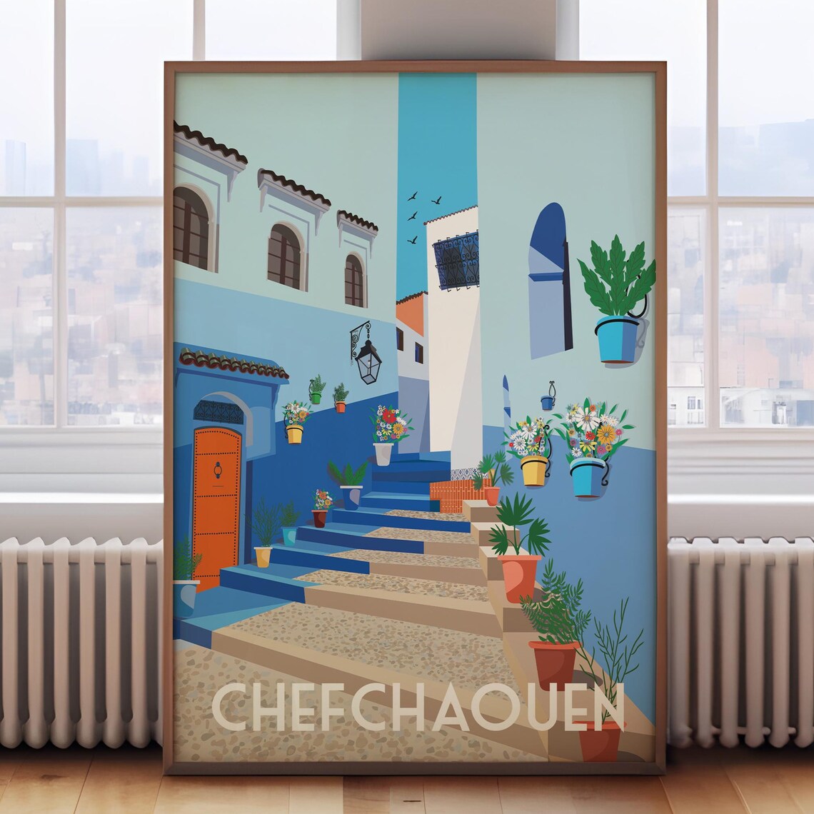 Chefchaouen Morocco Famous Blue City Flower Stairs Travel Poster