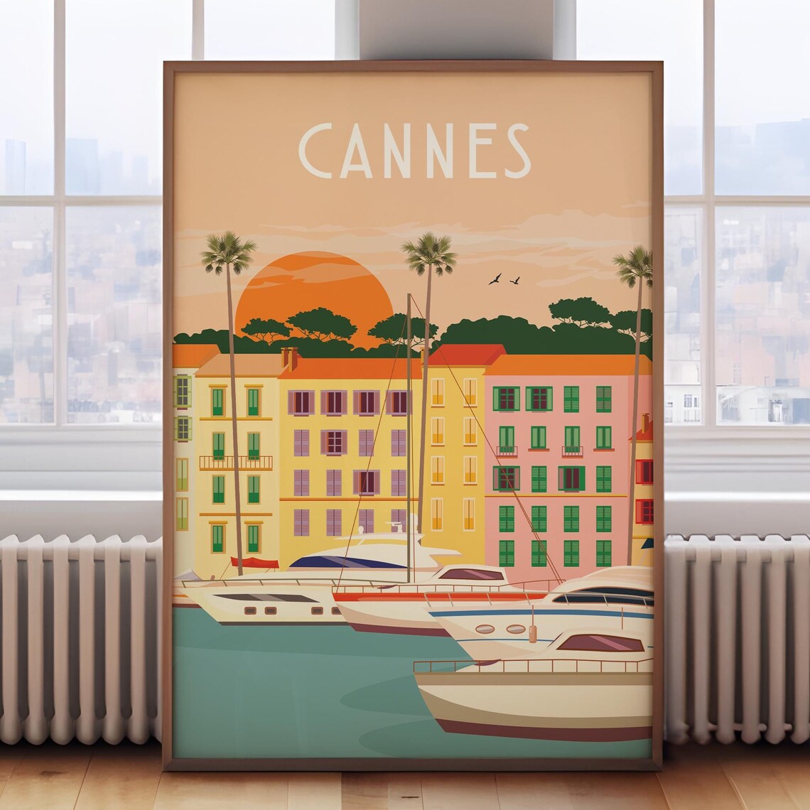 Cannes French Riviera Sunset Harbor Luxury Yachts Travel Poster