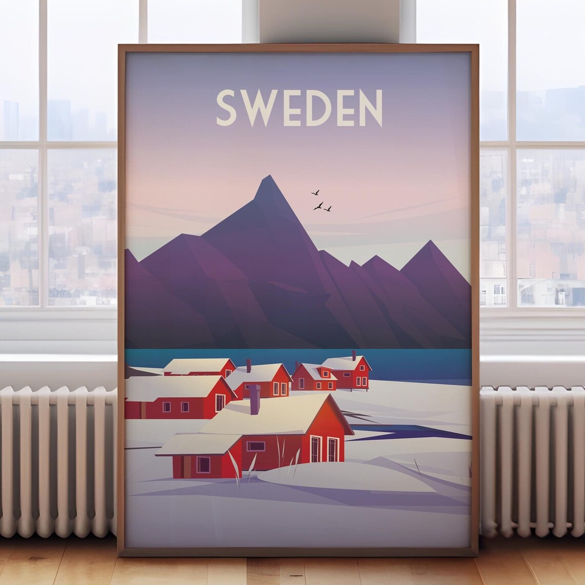 Sweden Snowy Red Cabins Beneath Mountain Peaks Retro Travel Poster