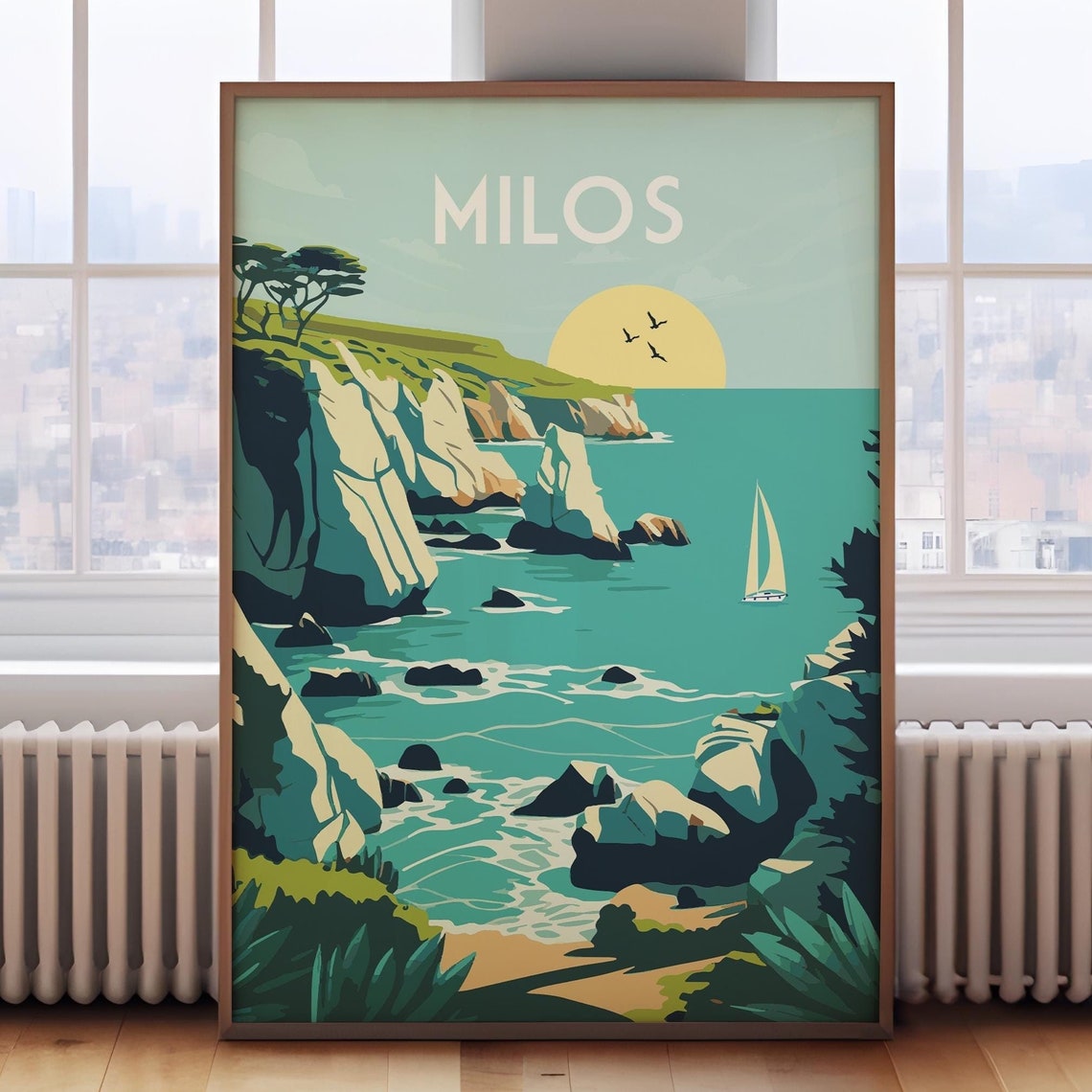 Milos Greece Dramatic White Cliffs Aegean Sailboat Travel Poster