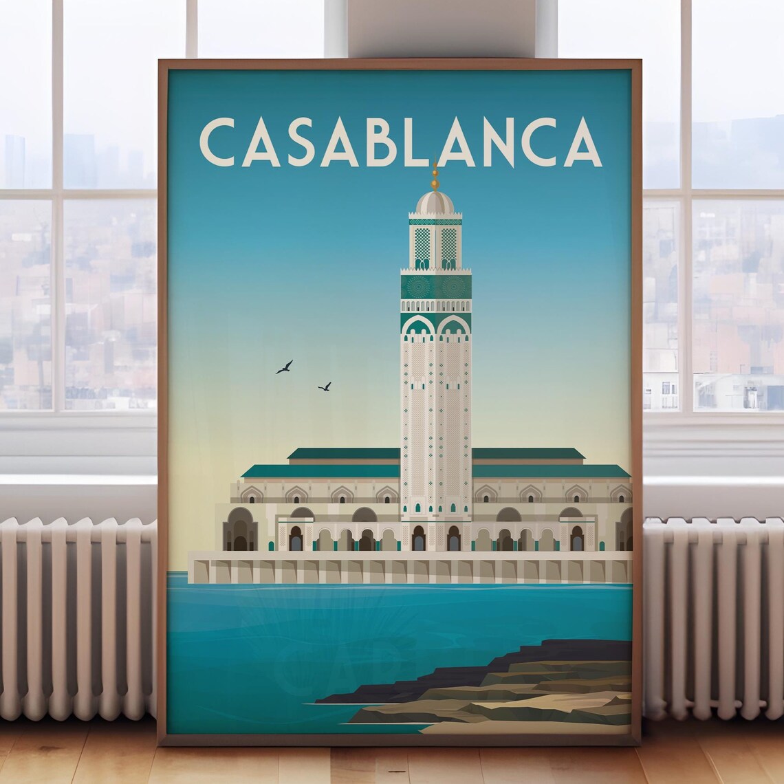 Casablanca Morocco Hassan II Mosque Minaret Ocean Travel Poster