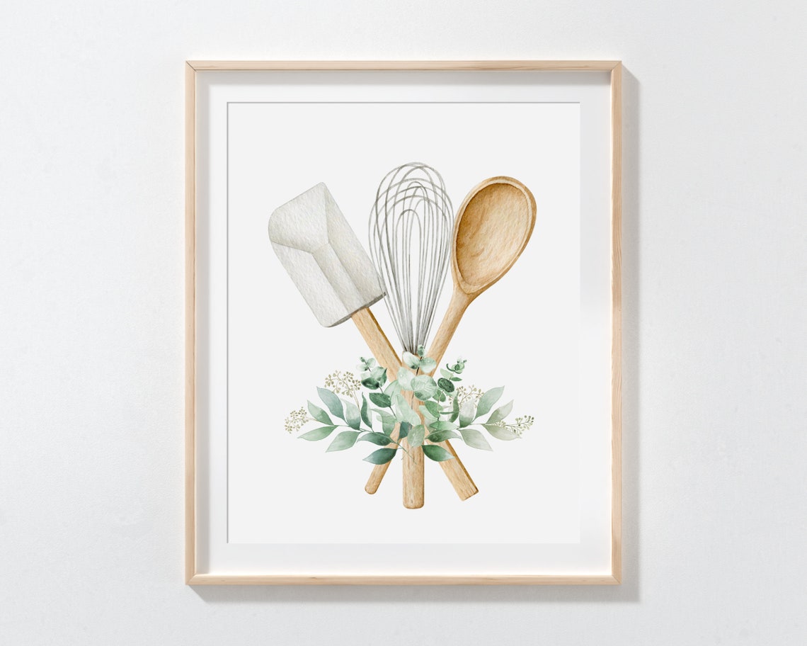 Watercolor Baking Utensils Kitchen Spatula Whisk Spoon Wall Art