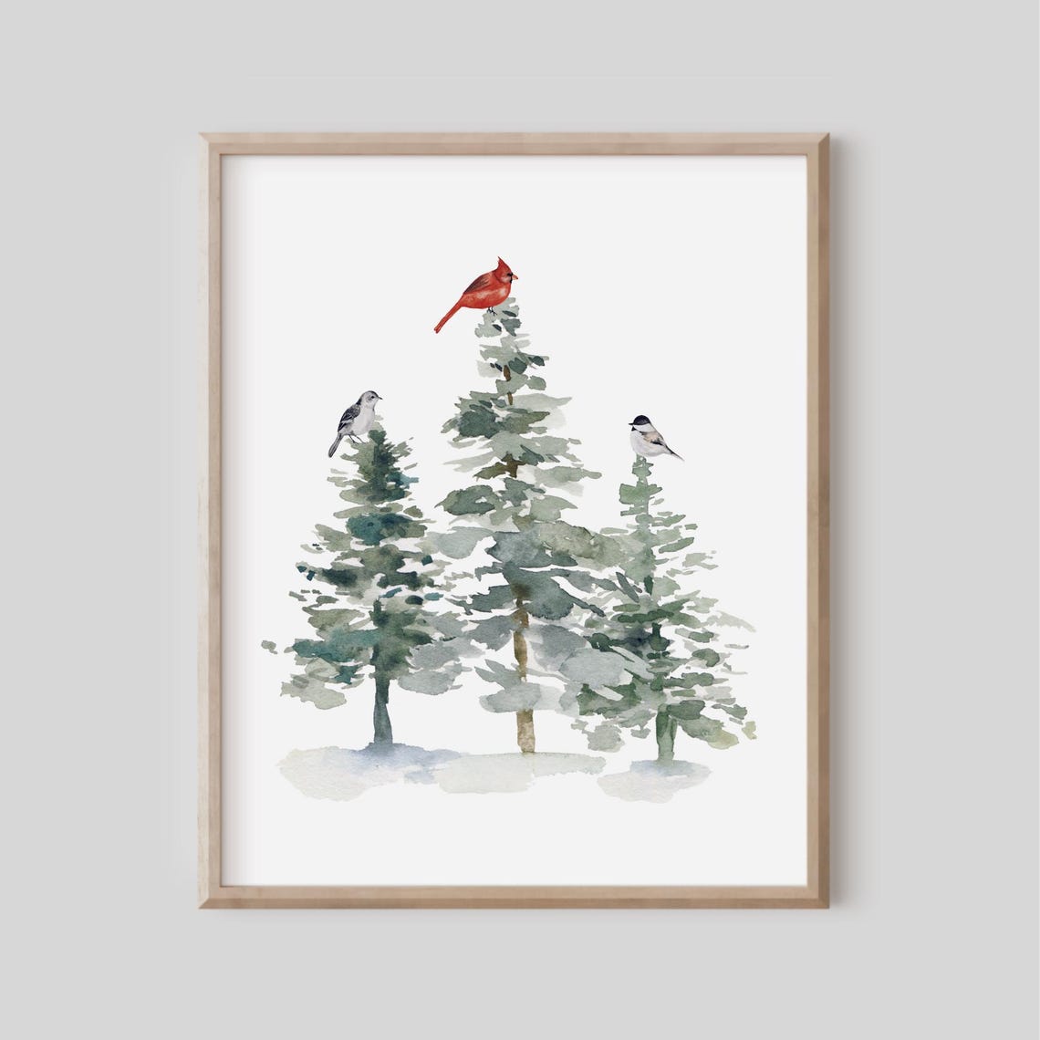 Watercolor Winter Evergreen Trees Cardinal Bird Rustic Nature Poster