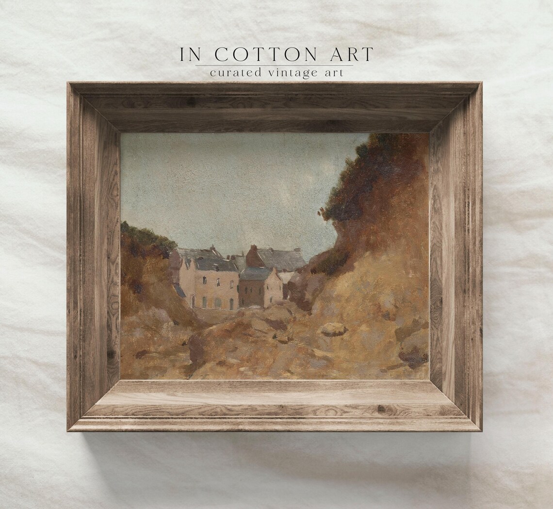 Vintage Earthy Landscape, Country Farmhouse Village Art Print