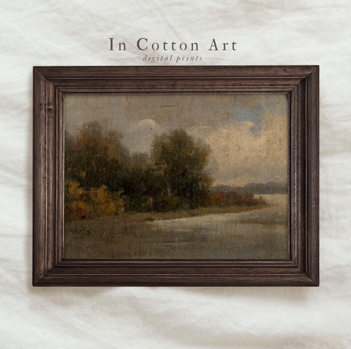 Rustic Fall Lake Landscape, Vintage Oil Painting Print