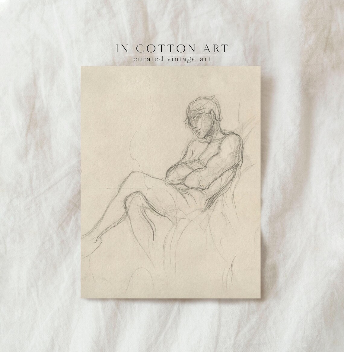 Vintage Male Figure Sketch, Neutral Antique Etching Art Print
