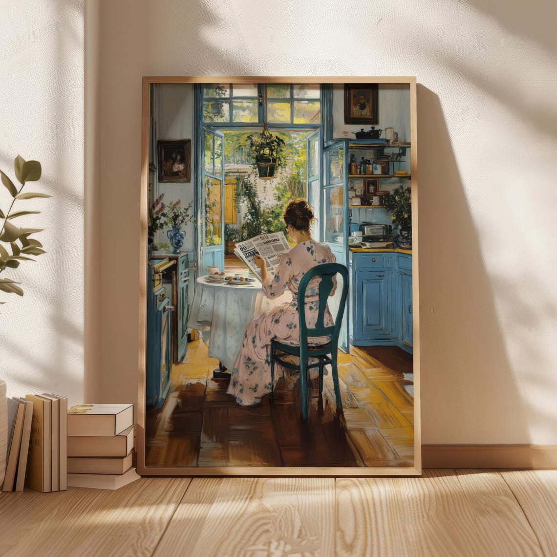 Woman Reading Morning Paper In Sunny Blue Kitchen Painting Poster