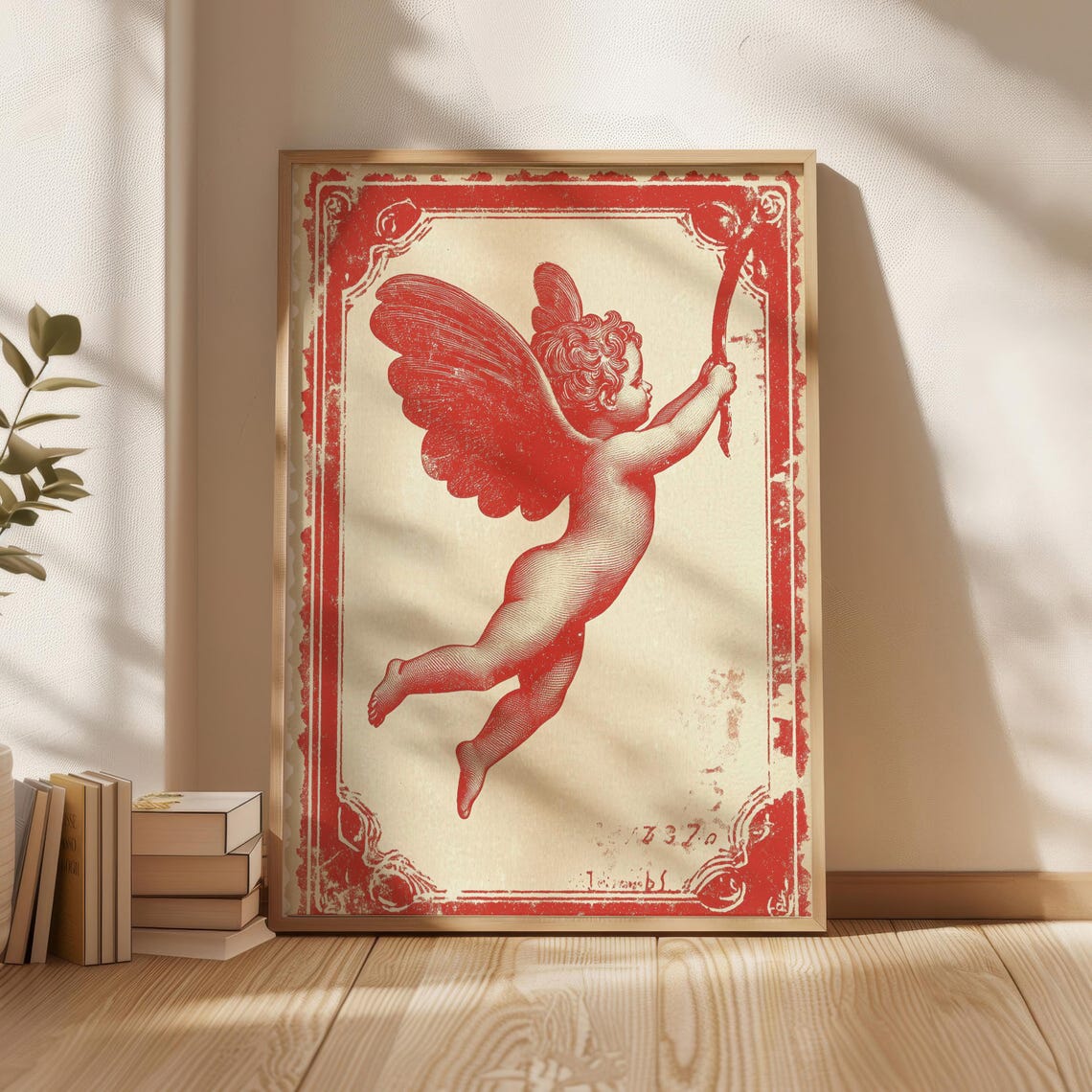 Vintage Red Cherub Angel Playing Card Antique Engraving Poster