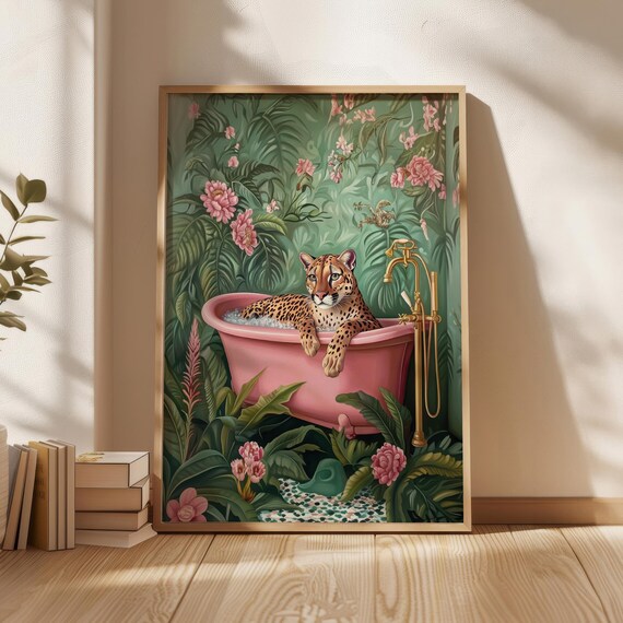 Leopard In A Luxury Bathroom Poster Wall Art Print Eclectic Jungle Decor Living Room Maximalist Bohemian