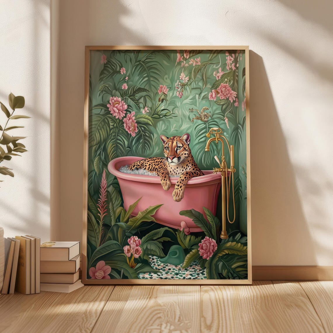 Leopard In Pink Bathtub Jungle Maximalist Whimsical Animal Poster