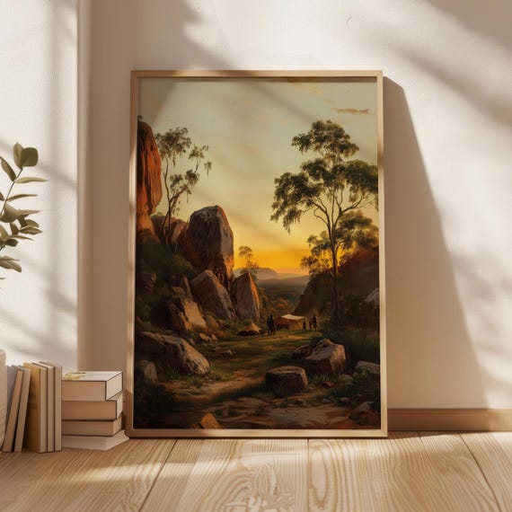 A Vintage Oil Painting Of An Australian Landscape With Aboriginal People Poster Print Home Decor New Gift