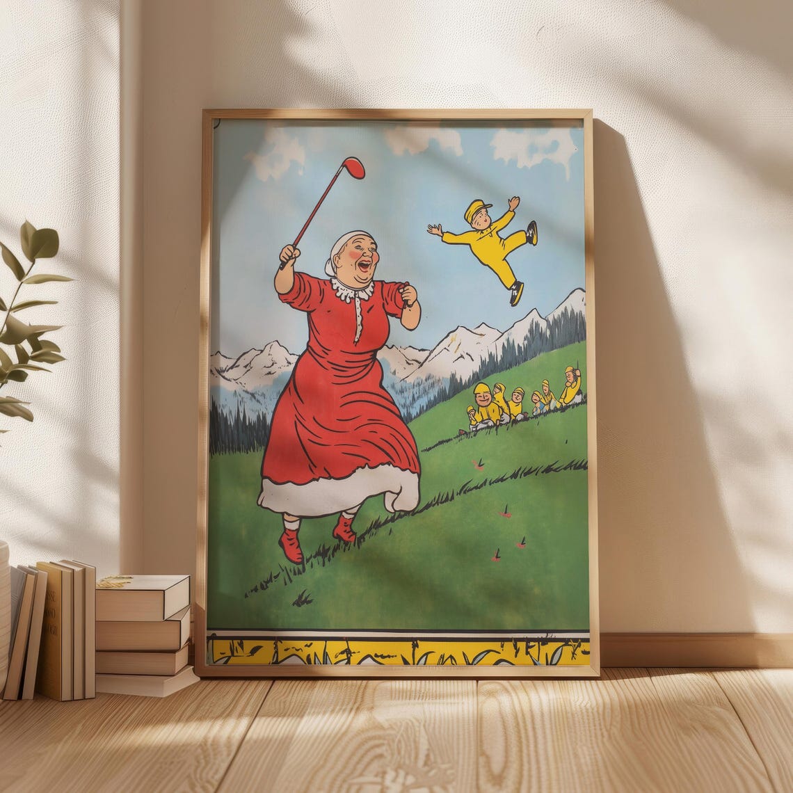 Vintage Red Dress Golf Swing Comic Scene With Yellow Figures Poster