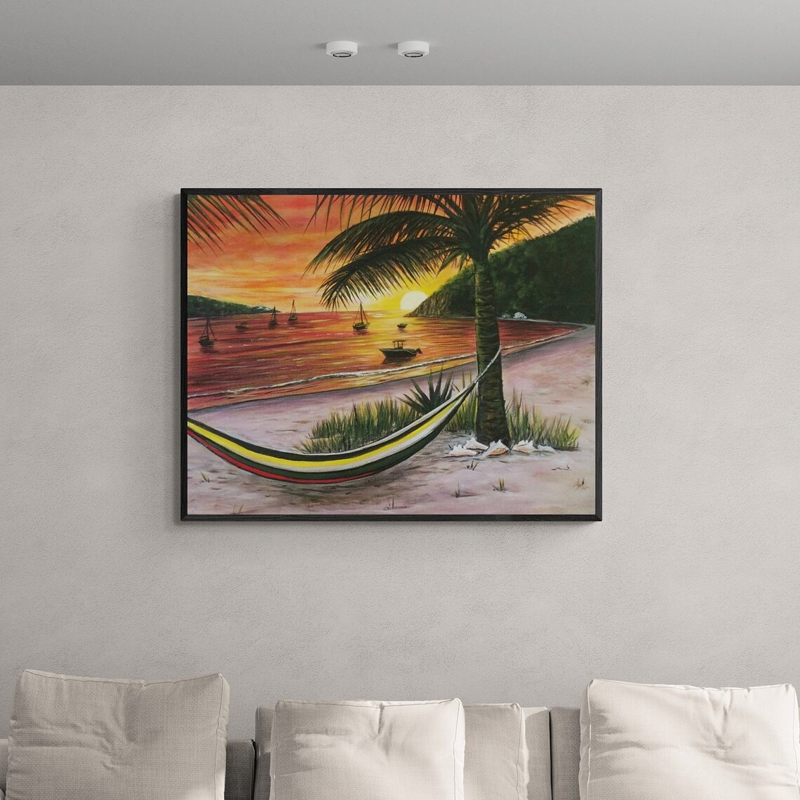 Tropical Beach Sunset Sailboats Hammock Palm Trees Coastal Poster - Image 4