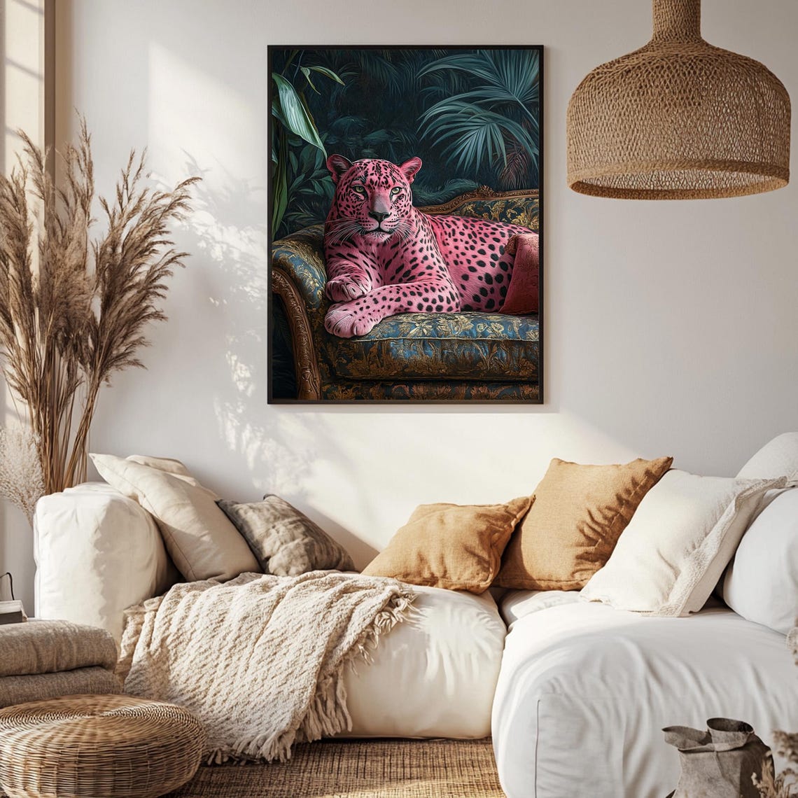 Wall Art Sleeping Leopard Maximalist Oil Painting Bold Pink Dopamine Bedroom Poster Kitsch Wild Animal Eclectic Floral Print - Image 3