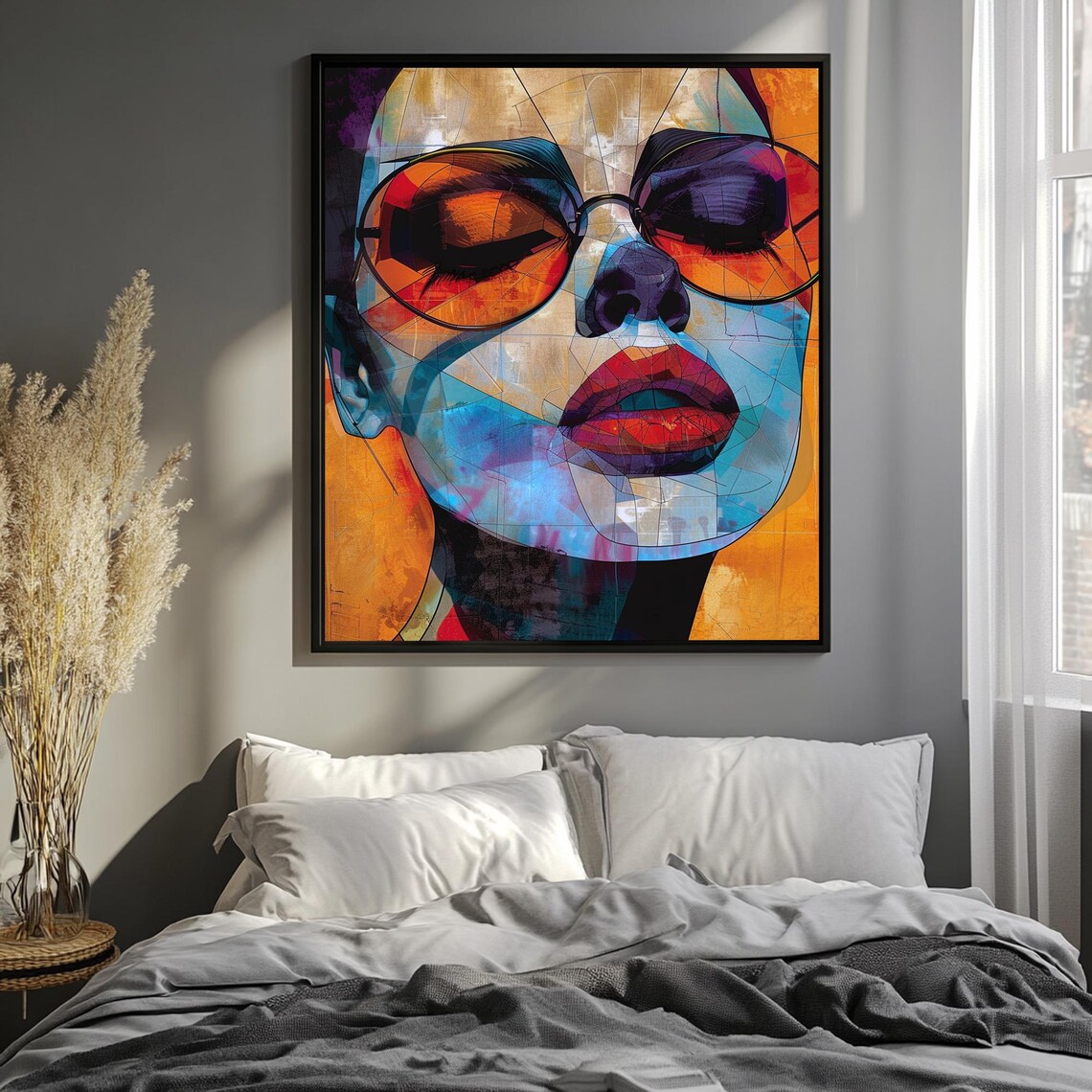Geometric Woman Face With Sunglasses Orange Blue Abstract Modern Art Poster - Image 3