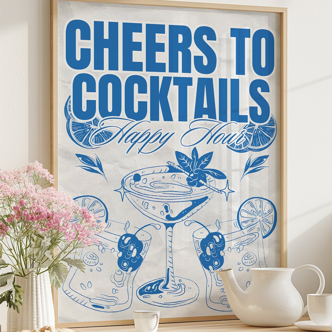 Cheers to Cocktails Happy Hour Poster Blue Hand Drawn Martini Bar Scene Decor