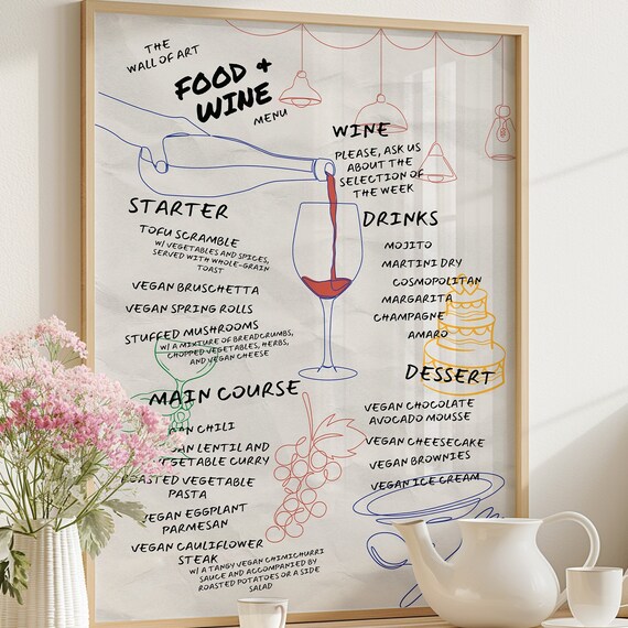 Food and Wine Menu Poster Hand Drawn Vegan Restaurant Kitchen Wall Decor