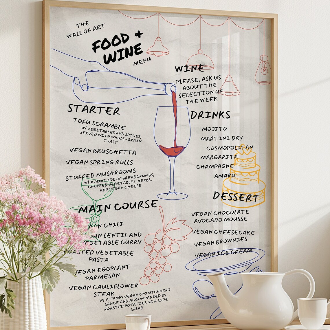 Food and Wine Menu Poster Hand Drawn Vegan Restaurant Kitchen Wall Decor