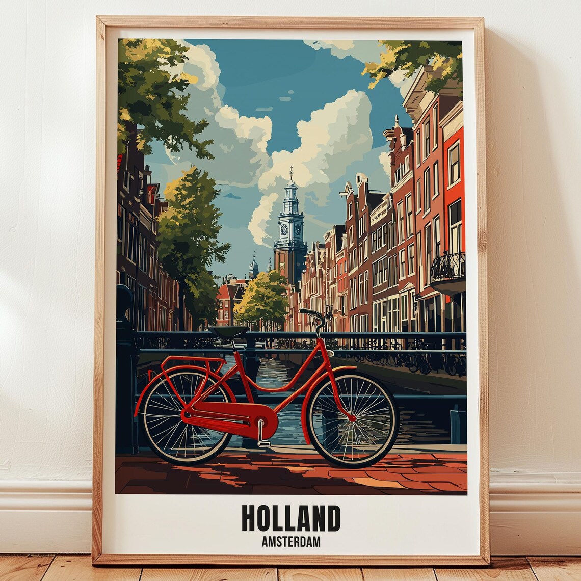 Amsterdam Holland Red Bicycle Canal Bridge Vintage Travel Poster