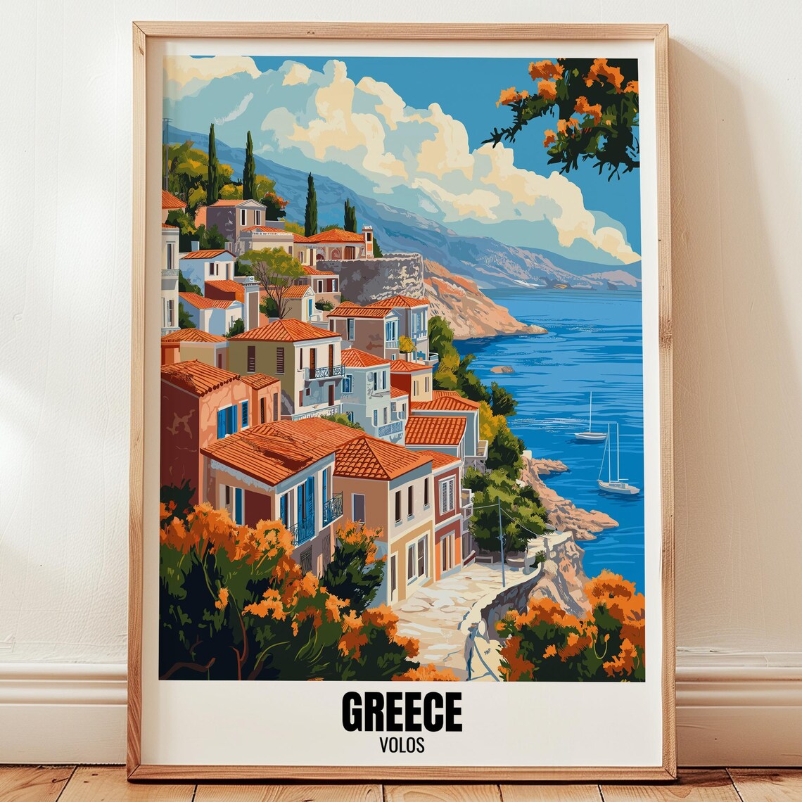 Volos Greece Seaside Town Sailboats Coastline Vintage Travel Poster