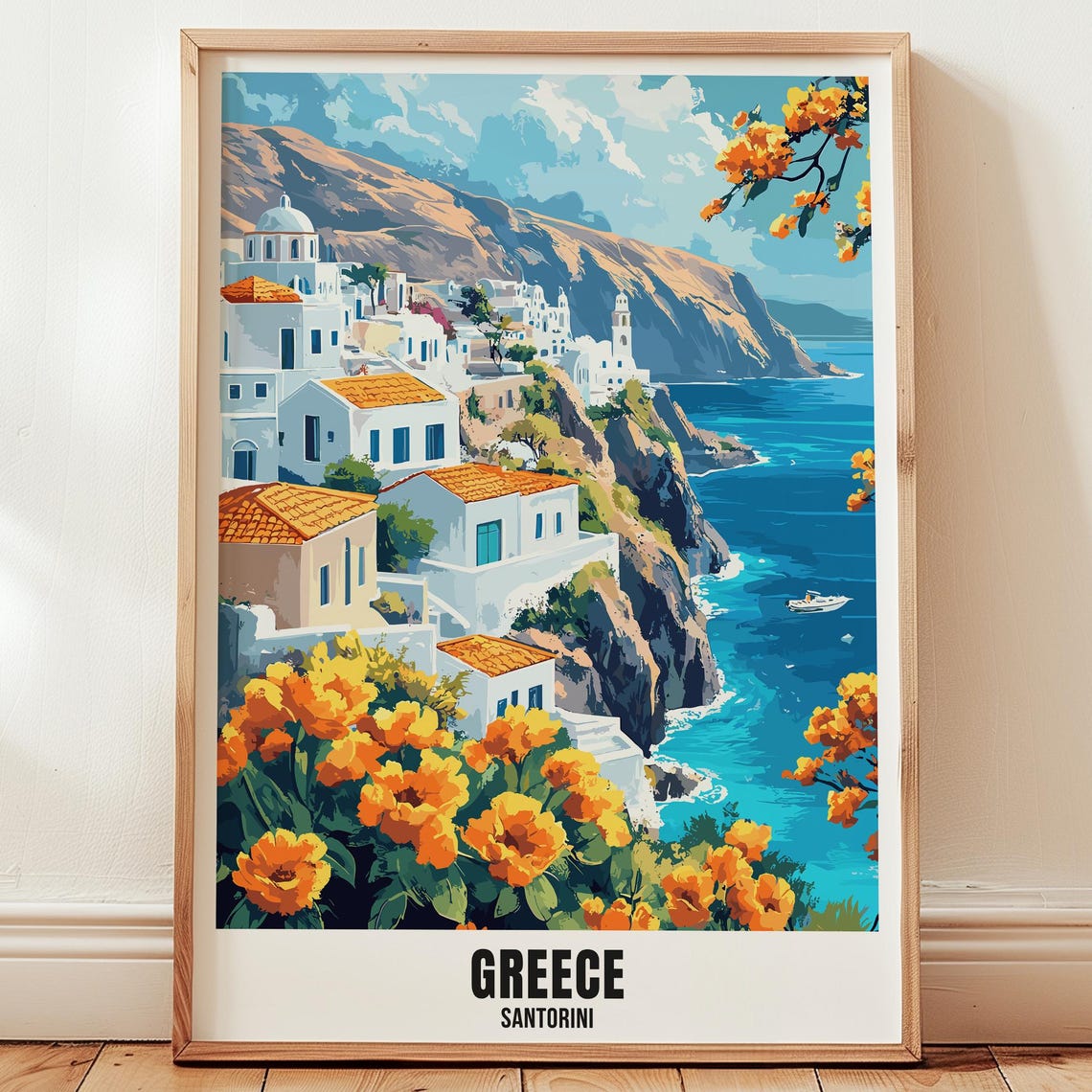 Greece Santorini Travel Poster Fountain Wall Art Illustration Print