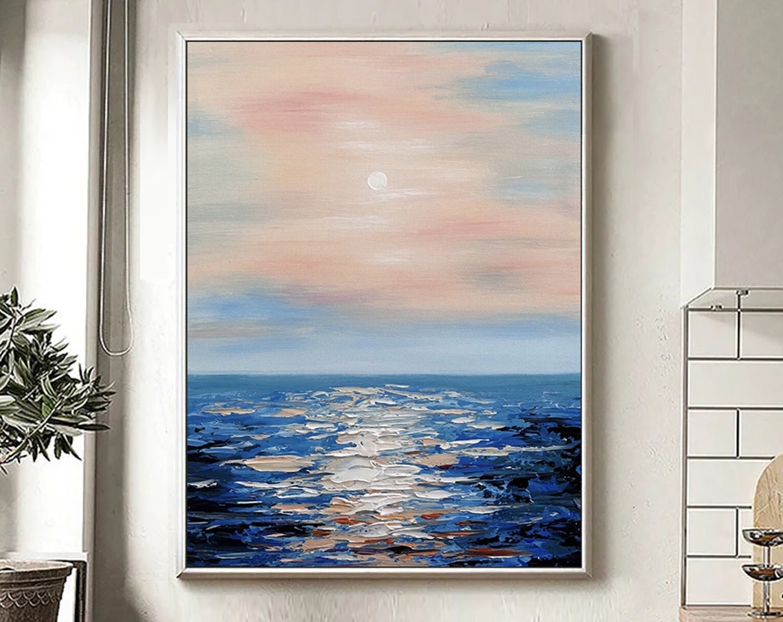 Pink Sunset Full Moon Textured Blue Ocean Seascape Abstract Poster