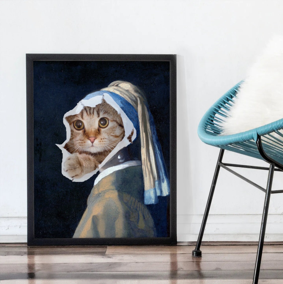Cat With A Pearl Earring Poster Funny Vermeer Cat Artwork Piece - Image 3