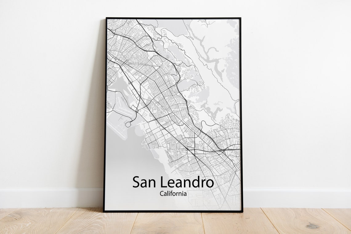 San Leandro California Black and White Minimalist Street Map Poster