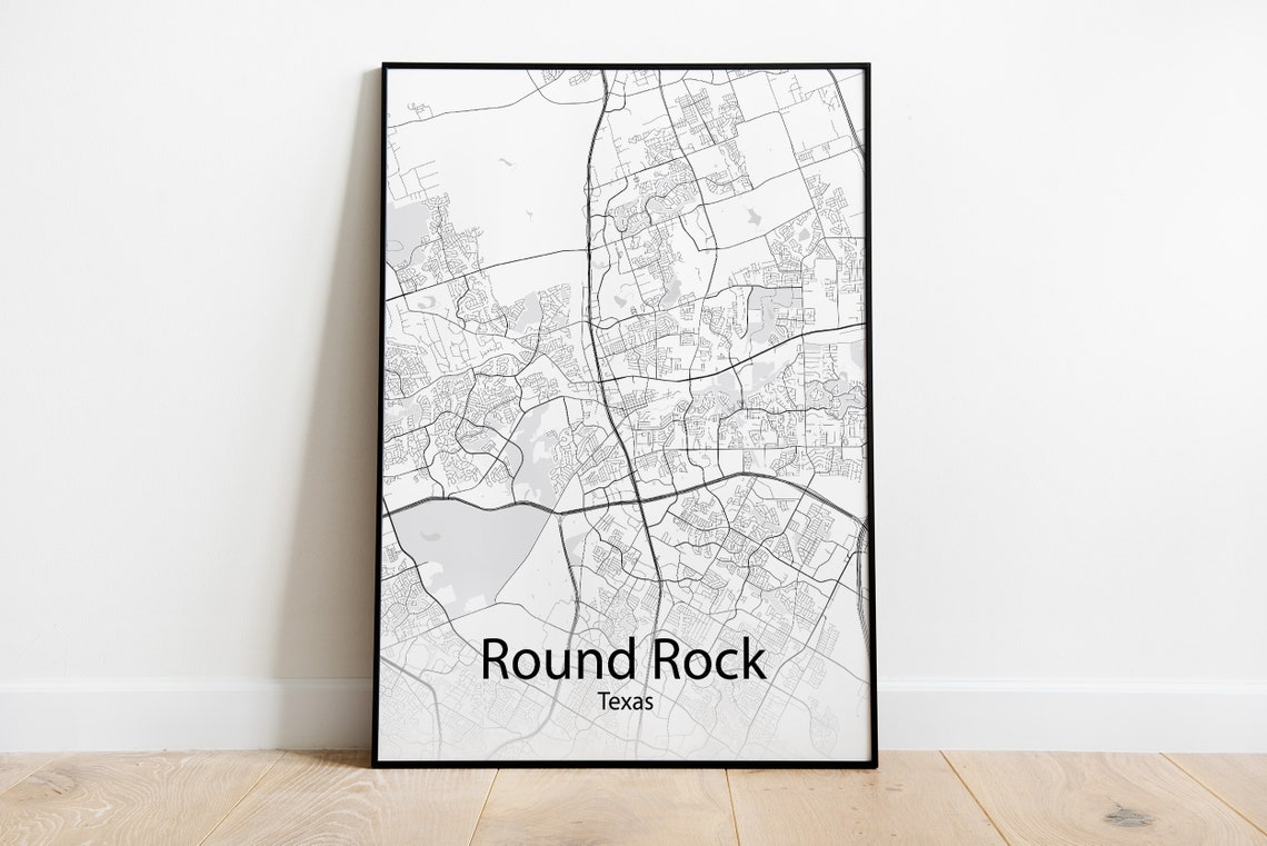 Round Rock Texas Black and White Minimalist Street Map Poster