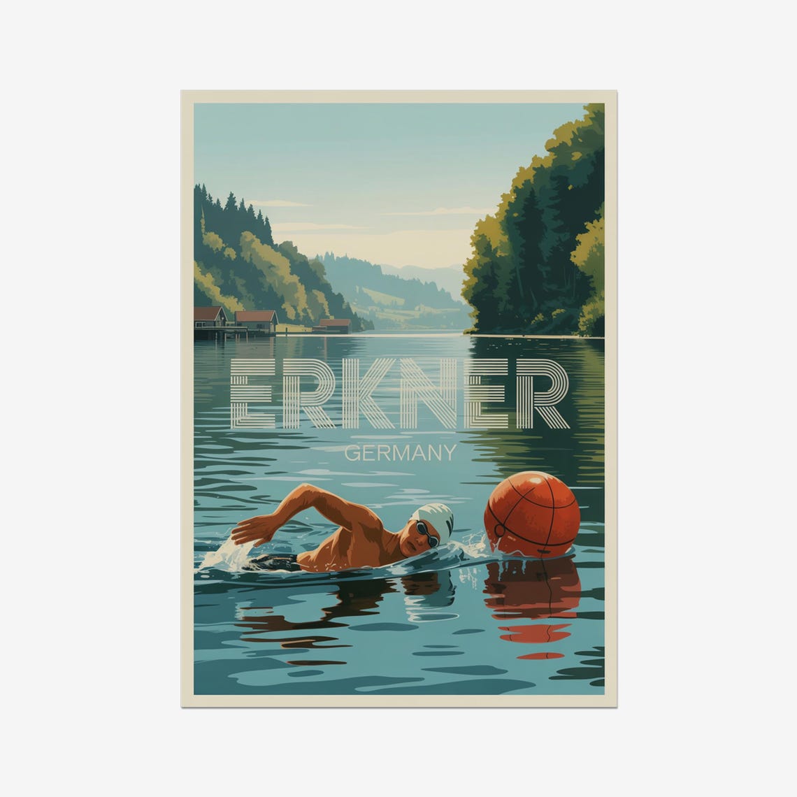 Erkner Germany Lake Swim Open Water Buoy Vintage Sports Poster
