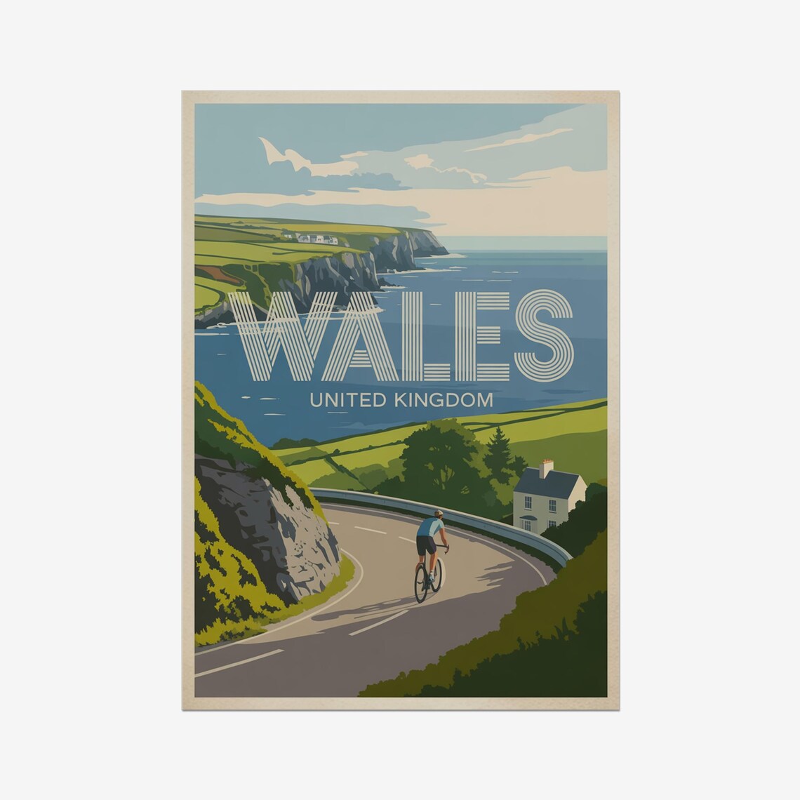 Wales United Kingdom Coastal Cliff Cyclist Vintage Sports Poster