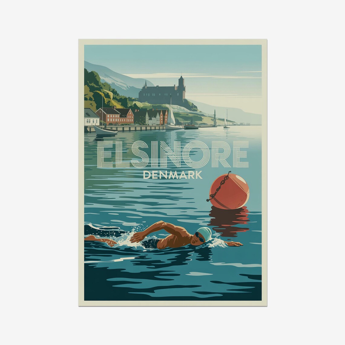 Elsinore Denmark Triathlon Swimmer Castle View Vintage Sports Poster
