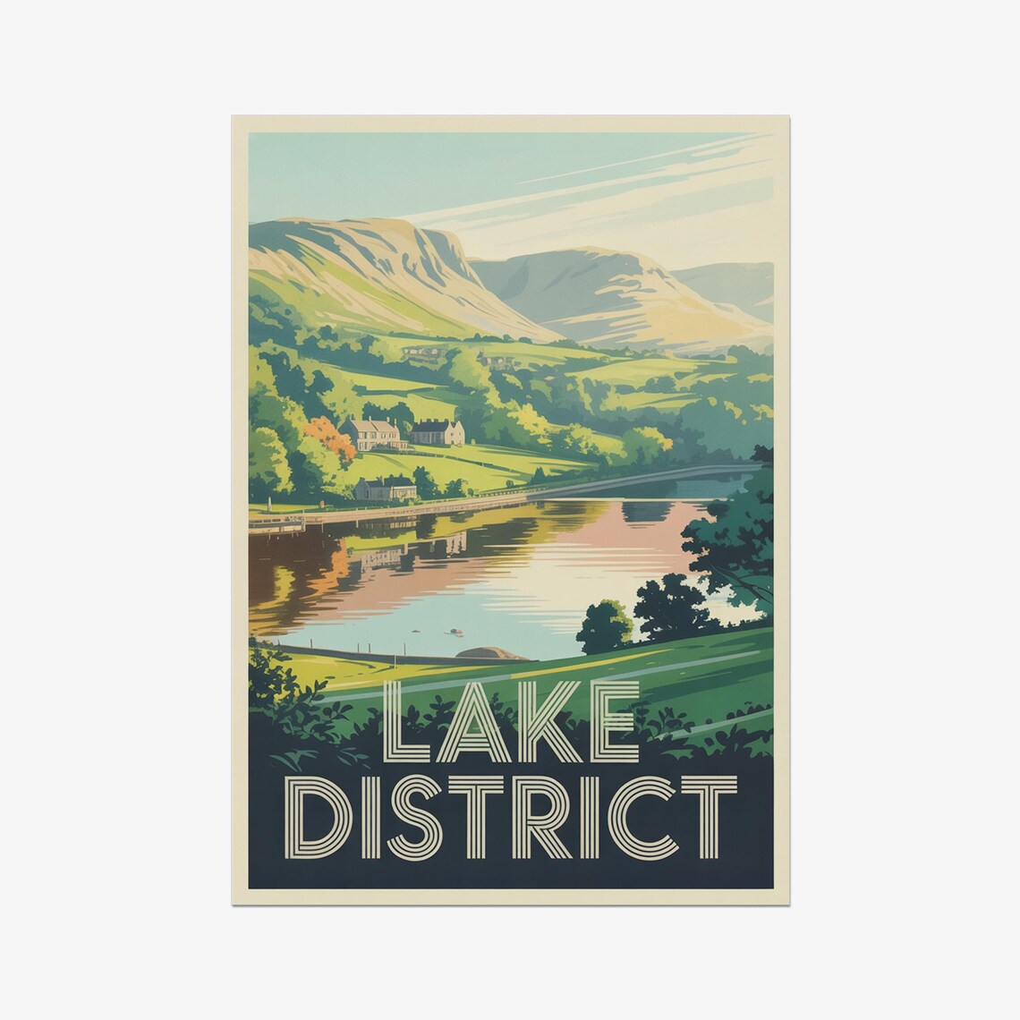 Lake District England Green Hills Lake Vintage Travel Poster