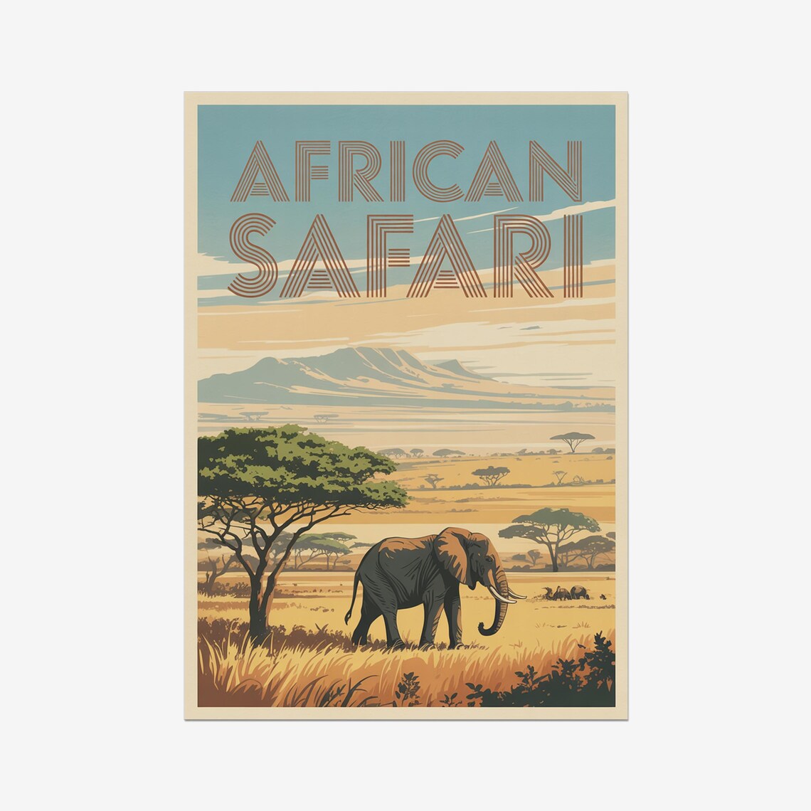 African Safari Vintage Travel Poster With Elephant Acacia And Savanna