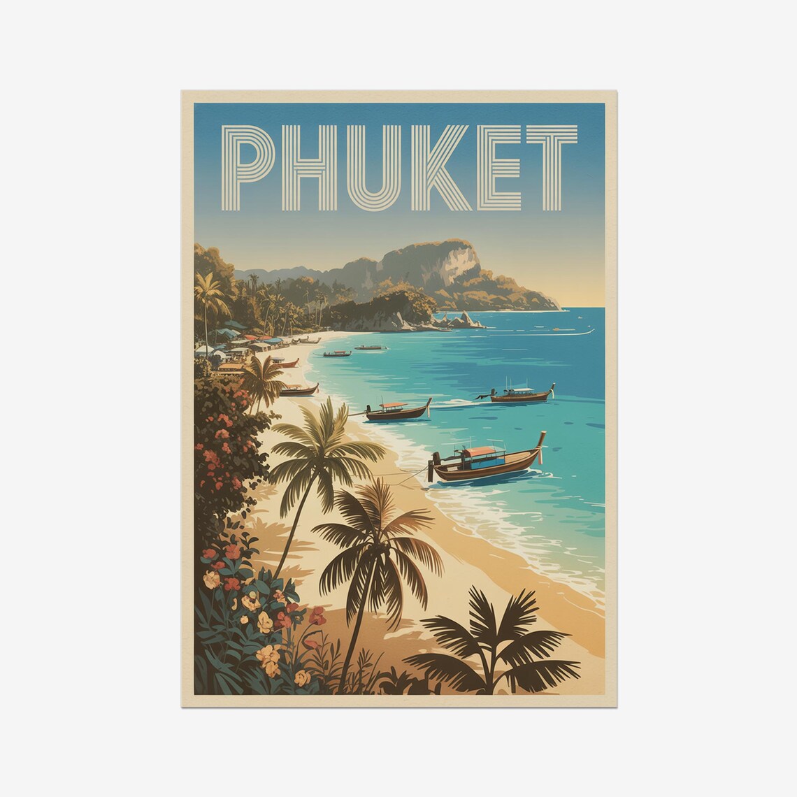 Phuket Thailand Vintage Beach and Longtail Boats Travel Poster
