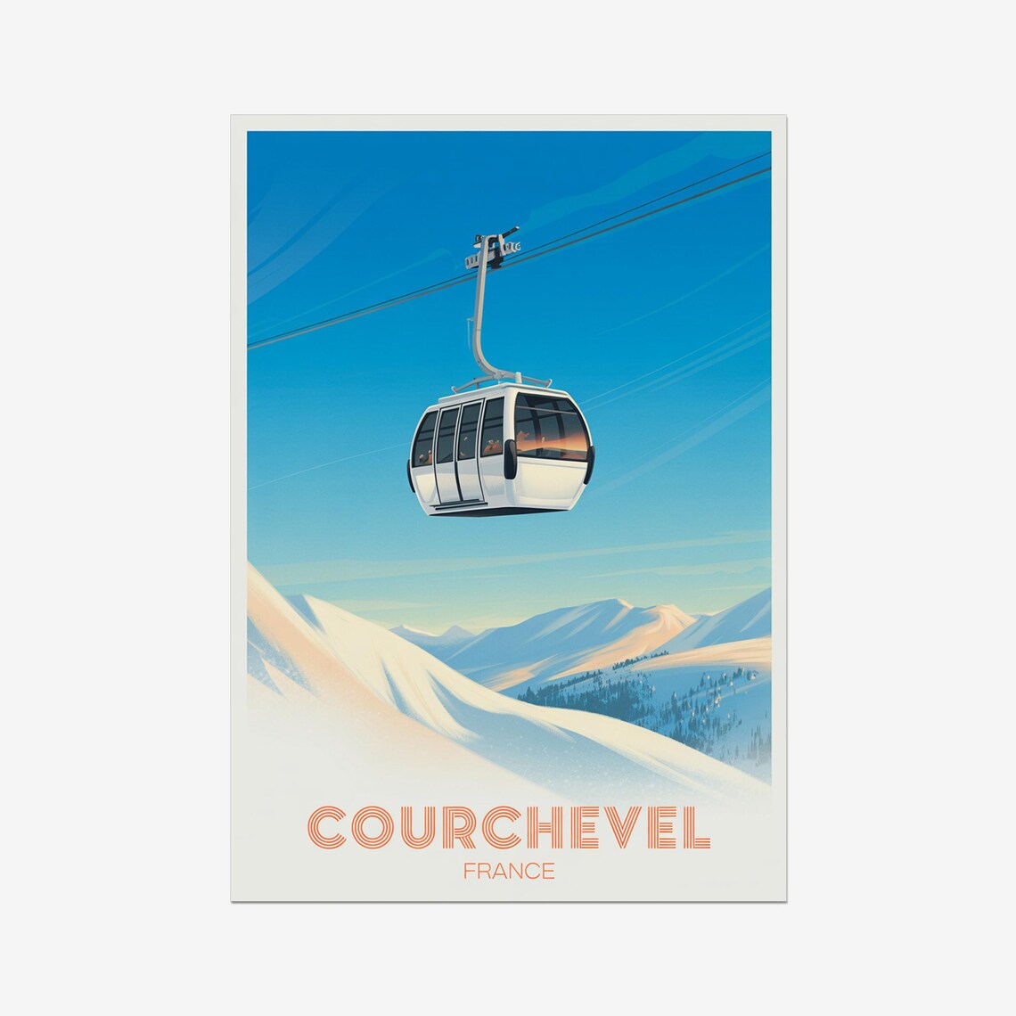 Courchevel France Vintage Ski Gondola Over Snowy Alpine Slopes Travel Poster