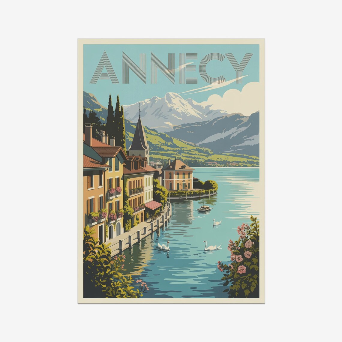 Annecy France Vintage Travel Poster With Lake Swans And Alpine Peaks