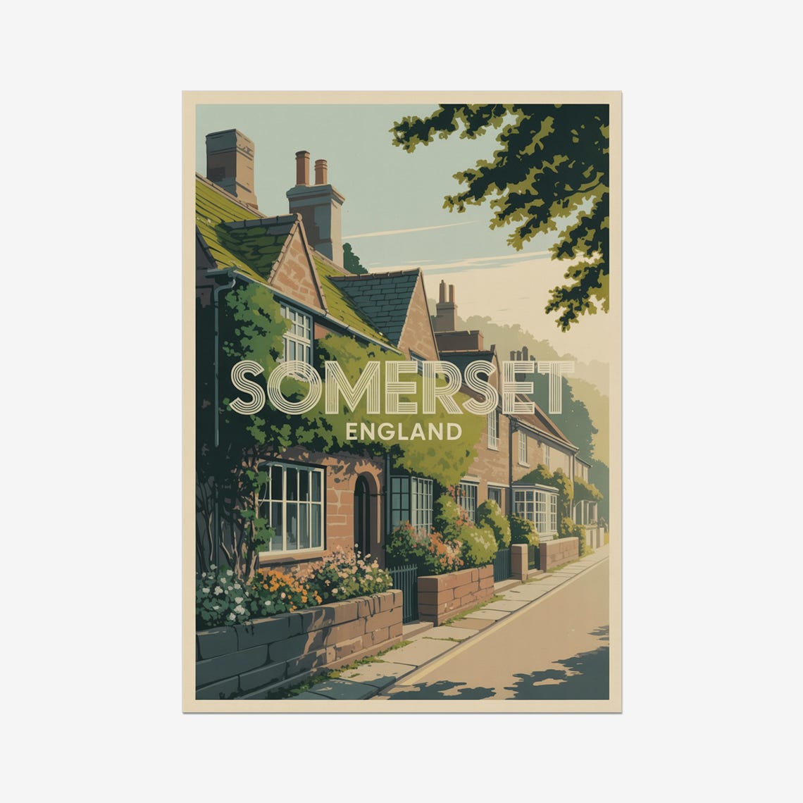 Somerset England Stone Cottages Village Lane Countryside Charm Poster