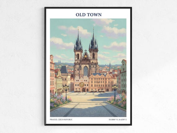 Prague Old Town Art Print Vintage Travel Poster European Cityscape For Living Room Decor