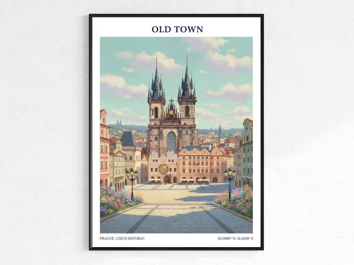 Prague Old Town Vintage European Cityscape Czech Travel Poster