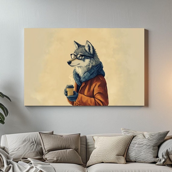 Hipster Coffee Wolf Maximalist Eclectic Victorian Print Bold Altered Party Portrait Fantasy Fun Colorful Renaissance Rustic Art