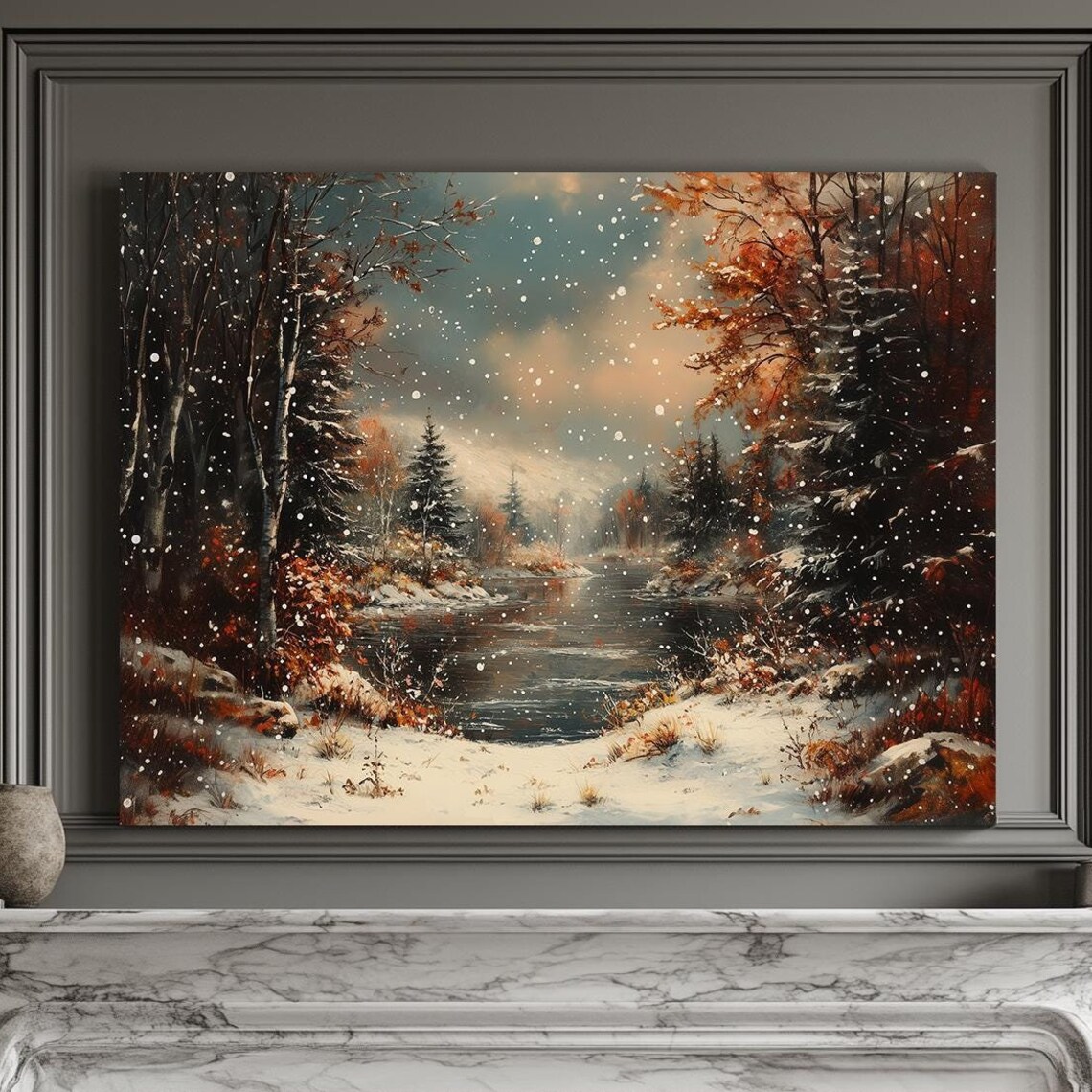 Autumn Snowfall Over Forest Stream With Orange Fall Trees Falling Snow Print
