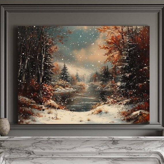 Autumn Snowfall Over Forest Stream With Orange Fall Trees Falling Snow Print