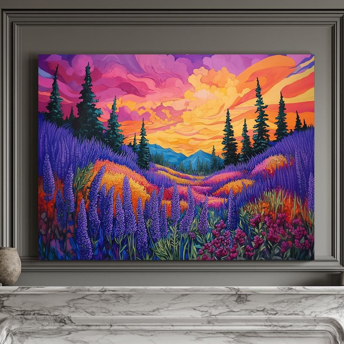Vivid Lavender Hills at Sunset With Pines Under a Flaming Sky Poster