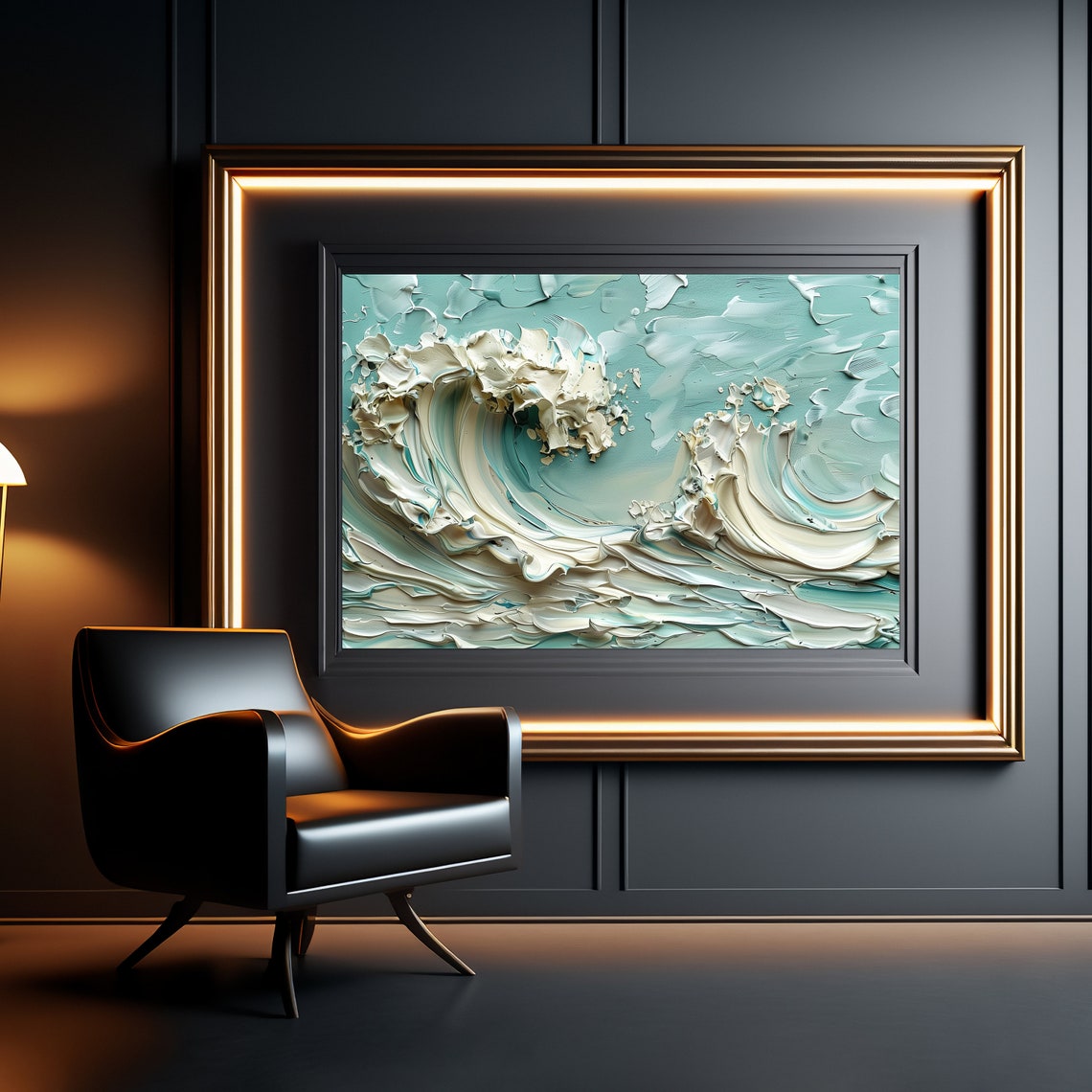 Turquoise Ocean Wave Sculptural Impasto Textured Modern Art Poster - Image 3