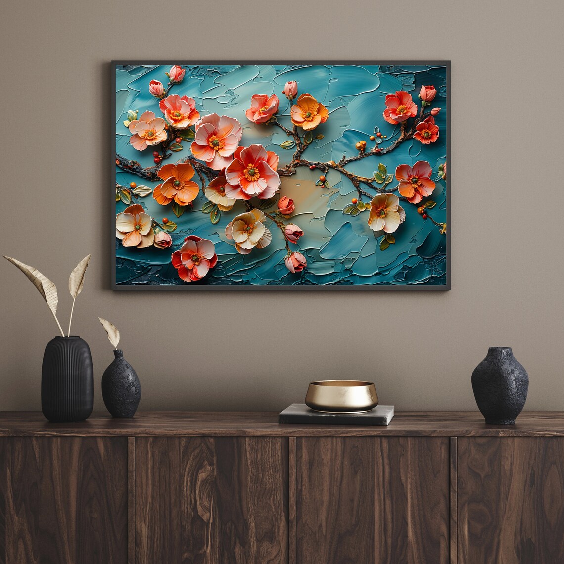 Coral Blossom Branch Textured Impasto Teal Background Art Poster - Image 2