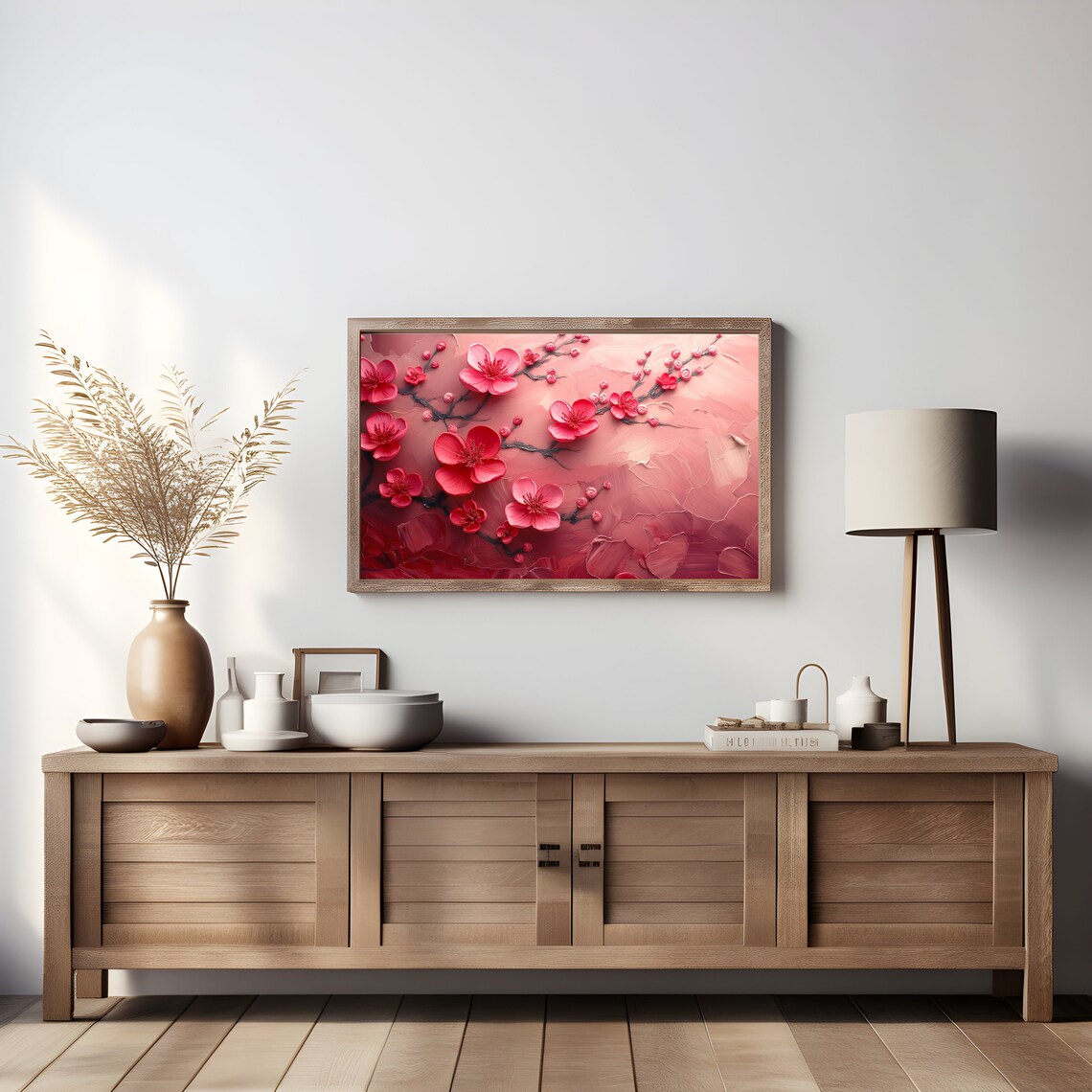 Red Pink Cherry Blossom On Blush Textured Floral Painting Poster - Image 4