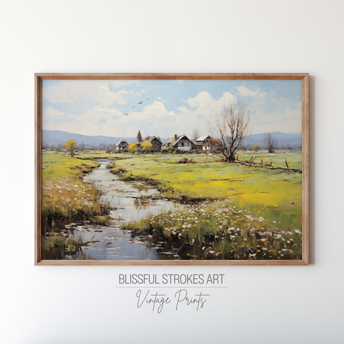 Sunny Alpine Village Stream Church Vintage Landscape Painting Art Print