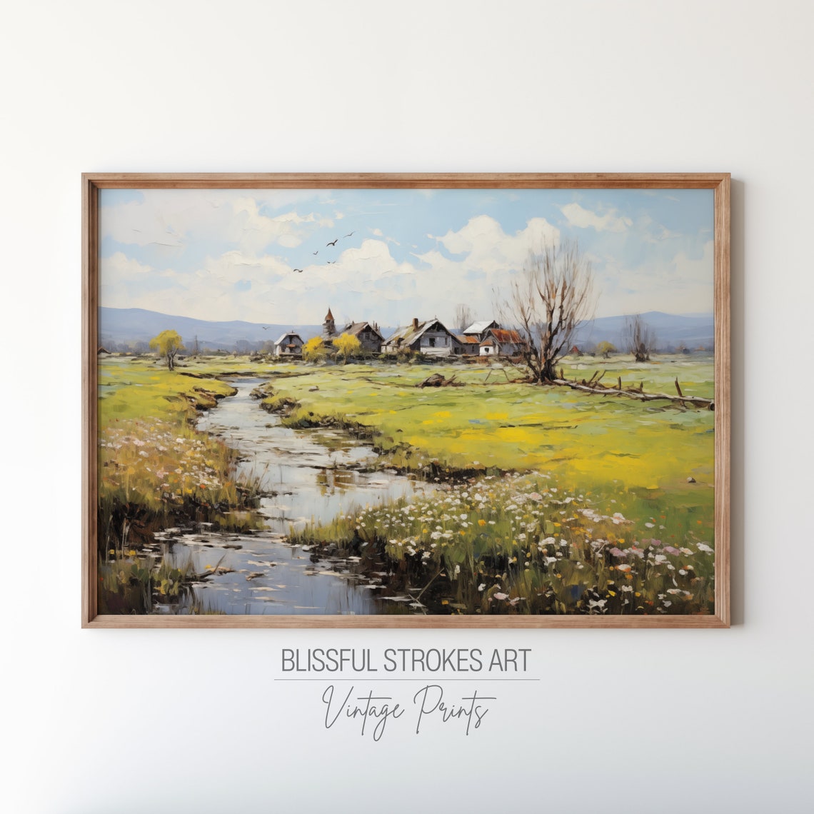 Sunny Alpine Village Vintage Landscape Intricate Detail Oil Painting Sunny Spring Blossom Art Print Happy Pastoral Art