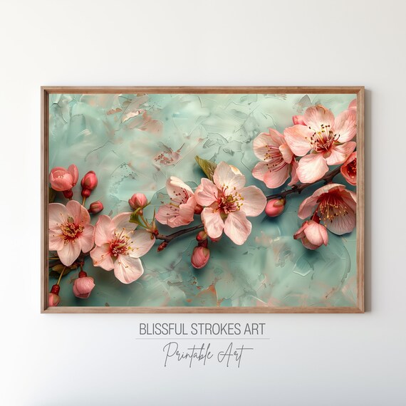 Cherry Blossom On Mint Green Textured Floral Painting Poster